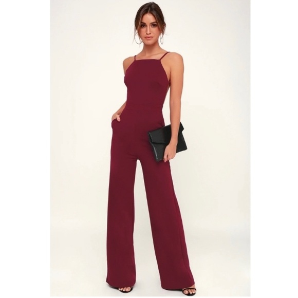 Lulus Pants - Lulu’s Something to Behold Burgundy Backless Jumpsuit